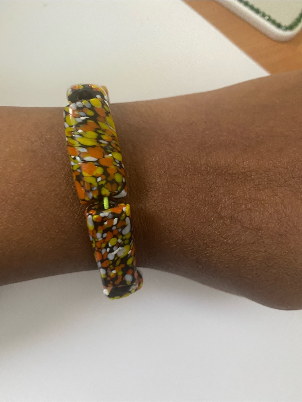 Hand Crafted Orange Yellow Black White Mosaic Glass Bead Bracelet
